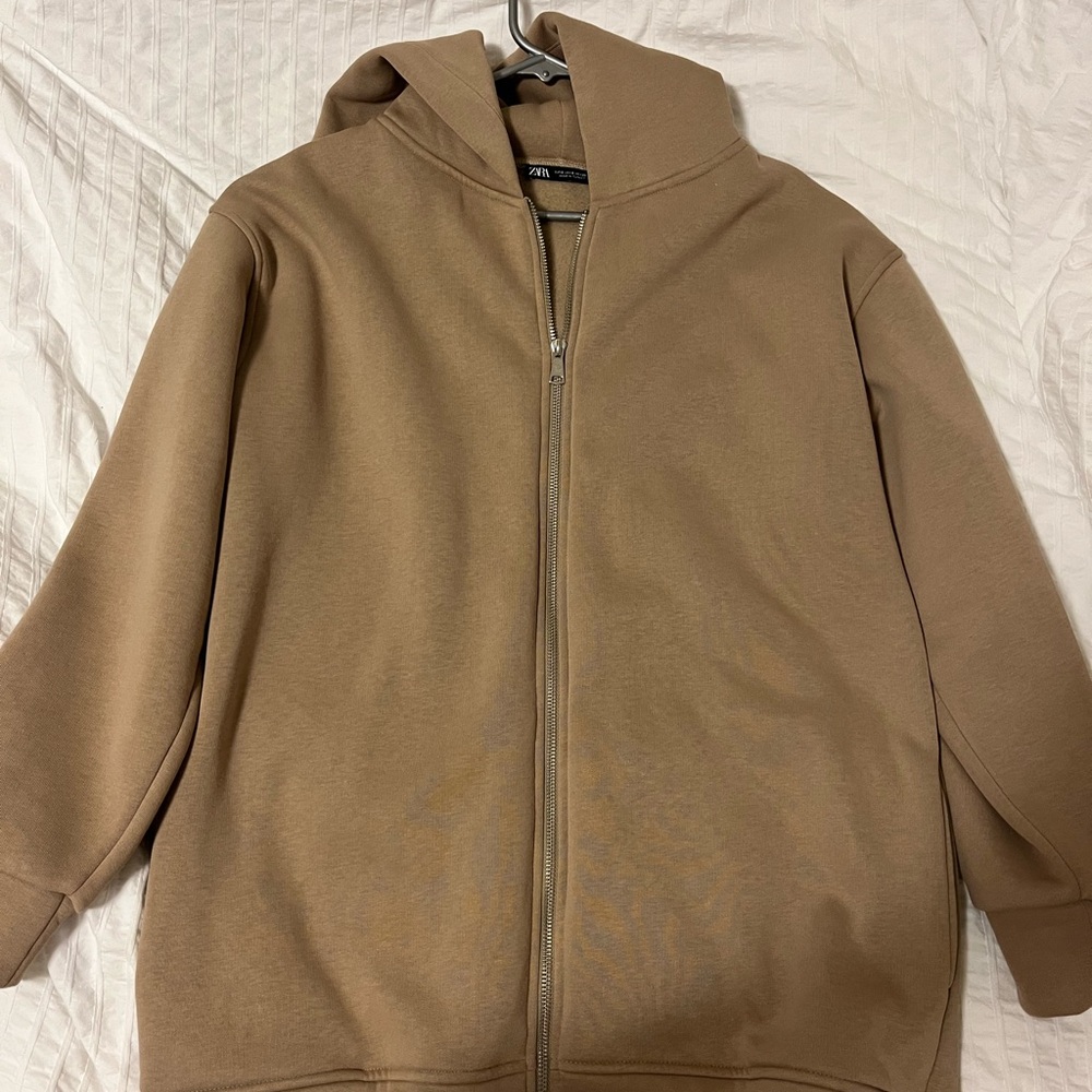 Oversized Tan Zara Zip-Up Hoodie